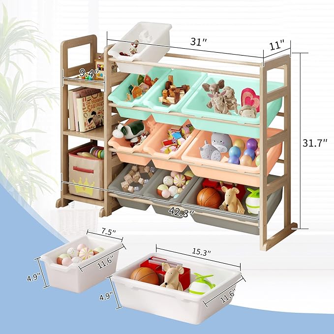 Toy Storage Organizer - Toy Organizers and Storage with Bookshelf, Toy Storage Shelf with 3 Shelves and 12 Storage Bins, Kids