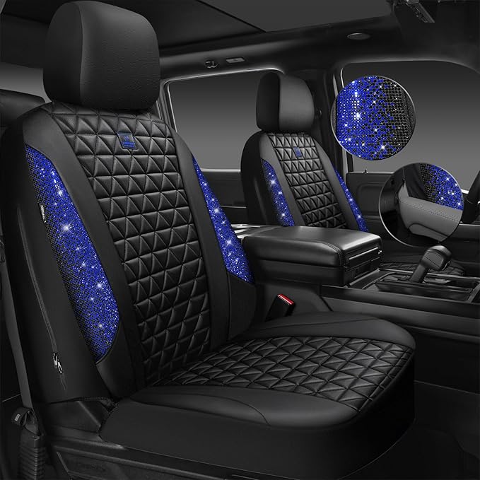 CAR PASS Bling Diamond Black Leather Car Seat Covers Full Set Interior Sets, Waterproof Shining Glitter Sparkly Crystal Unive