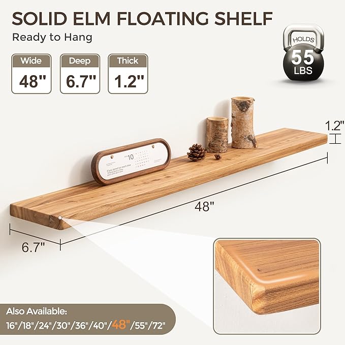 Fun Memories 48 Inch Floating Shelves for Wall, Solid Elm Wood Wall Shelf for Home Decor, Heavy-Duty Hardwood Floating Shelf 