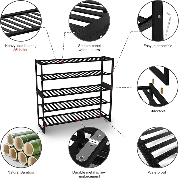 Jripae Shoe Rack Bamboo 5 Tier Shoe Organizer, Storage 20-25 Pairs for Closet Entryway, Stackable Large Tall Shoe Shelf Holde