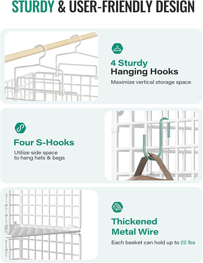 Hanging Closet Organizer, 4 Tier Metal Closet Organizers and Storage with 4 Hanging Hooks 4 S-Hooks for Wardrobe Laundry Room