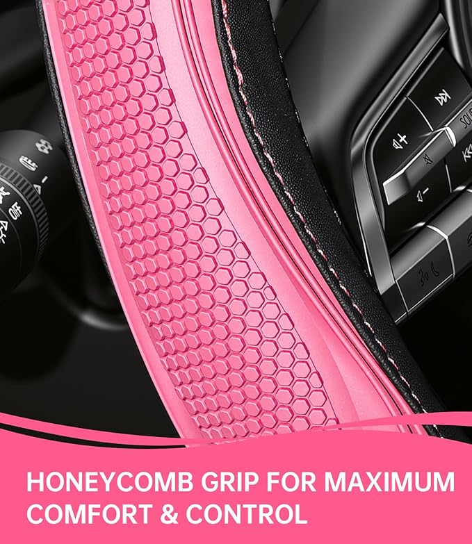 XCBYT Steering Wheel Cover - Pink Leather Steering Wheel Wrap Great Grip with 3D Honeycomb Quick and Effortless Installation 