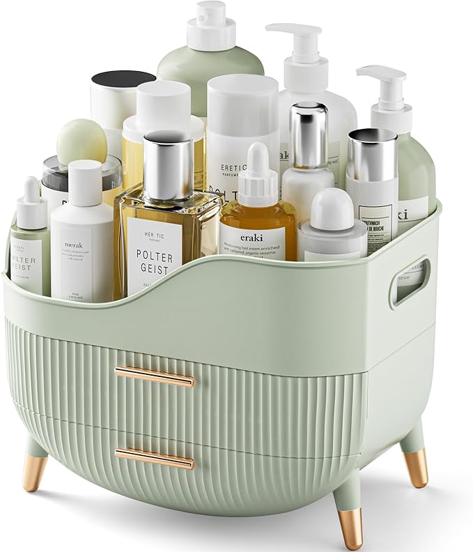 Pajiriona Makeup Organizer with Drawers, Green Skincare Organizer for Vanity, Storage Box with Handle, Large Cosmetic Display