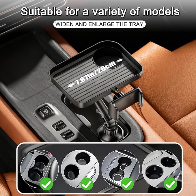 Car Cup Holder Tray, 10 Inch 3 in 1 Detachable Car Food Tray with 360° Rotating Phone Holder, Cup Holder Expander Adapter Fits Yeti Hydro Flask 16-46 oz, Road Trip Car Essentials