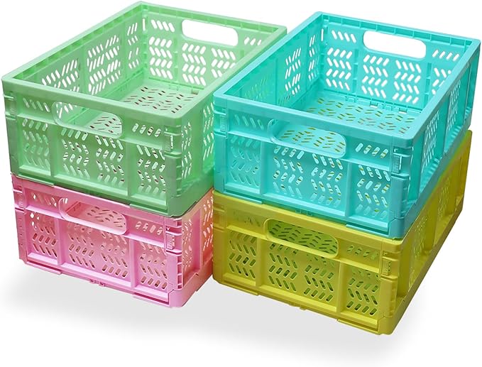 20L Folding Crate, 4Pack Plastic Storage Baskets Organizer for Home and Office,Collapsible Storage Crates for Home Office and