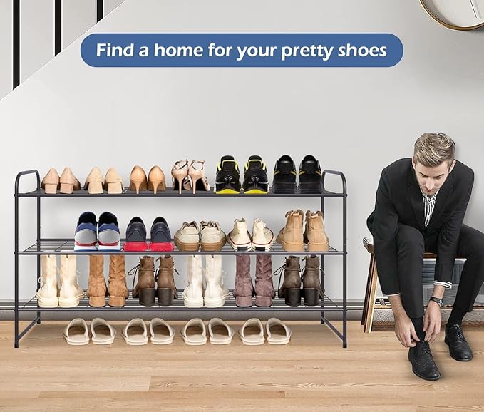 KEETDY Long 3 Tier Shoe Rack for Closet Wide Shoe Storage Organizer Stackable Metal Shoe Shelf for 24 Pairs Men Sneakers with