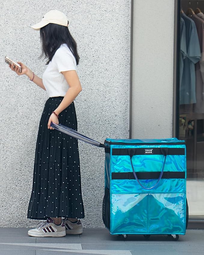 Reusable Grocery Bag with Wheels, Shopping Trolley with 8 Pockets and Zipper Cover Foldable Rolling Tote for Women, Kitchen, Travel, Carries Up to 66LBS (Large, Glitter Blue)