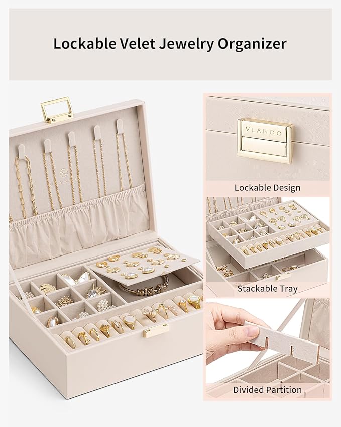 VLANDO 2 Layer Jewelry Box Large Jewelry Organizer for Women Removable Jewelery Tray for Necklace Earrings Rings Bracelets Mo