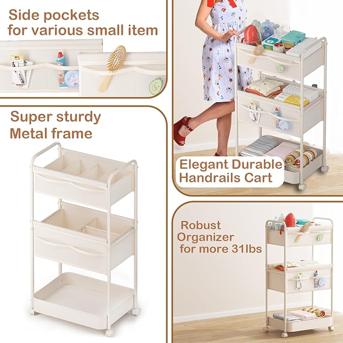 Baby Diaper Caddy, Premium Metal& Felt Movable Cart with Dividers for Newborn Nursery Essentials, Large Capacity Rolling Diap