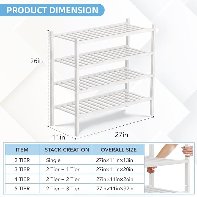 4 Tier Bamboo Shoe Rack Storage Organizer for Closet, Multifunctional Stackable Free Standing Shoe Shelf Organizer for Small 
