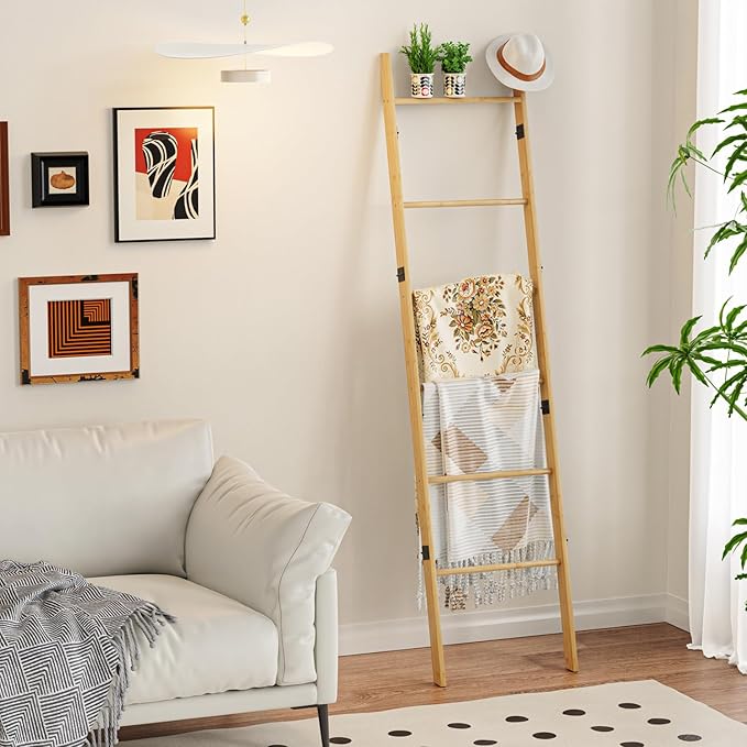 BAMBANG 6-Tier Blanket Ladder for Living Room, Blanket Quilt Ladder Rack Rustic Decorative Towel Holder, Wall Leaning Blanket