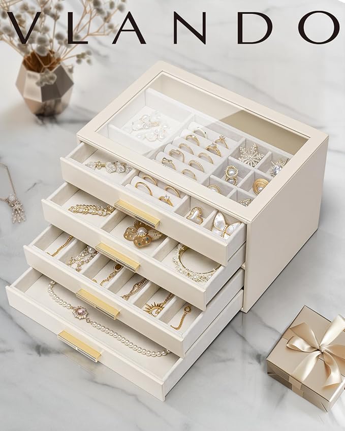 VLANDO 4 Layer Jewelry Box for Women, Glass Lid Jewelry Organizer with 4 Drawers for Necklaces Rings Earrings Bracelets - Clo
