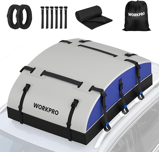 WORKPRO Rooftop Cargo Carrier Roof Bag, 21 Cubic Feet, Waterproof Roof Rack Cargo Carrier for Vehicle with/Without Rack, Heavy Duty 840D PVC, Includes Anti-Slip Mat, 6 Safety Hooks and Storage Bag