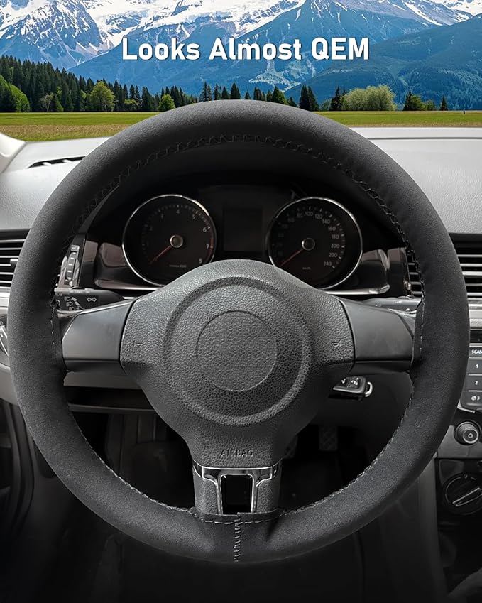 BELINOUS Suede Leather Steering Wheel Cover, DIY Stitch-On Steering Wheel Wrap with Needle & Thread, Non-Slip & Sweat-Absorbi