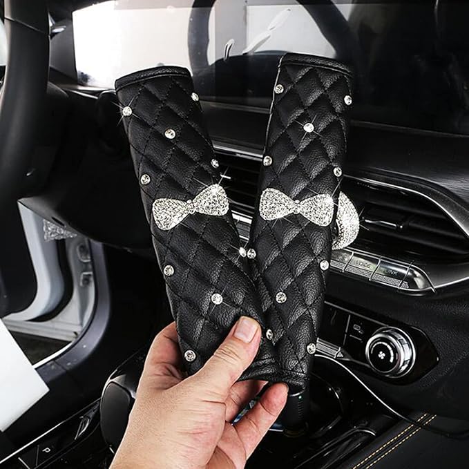 HYL World 2PCS Leather Bow Seat Belt Covers Seat Belt Shoulder Pads with Sparkling Bling Rhinestones Decor,Black