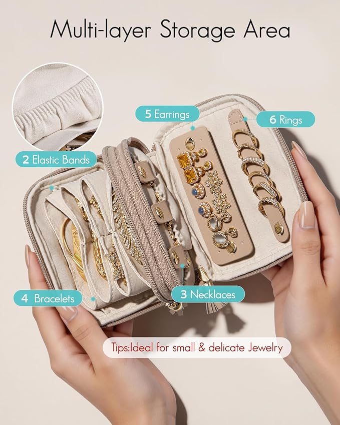 VLANDO Travel Jewelry Case,2-Layer Jewelry Organizer for Travel,Mothers Day Mom Gifts,Multi-Compartment Jewelry Storage for R