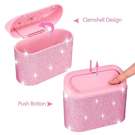 NBTEPEM Bling Pink Car Trash Can with Lid - 2 Pack, Mini Auto Garbage Can with 60 Trash Bags, Automotive Garbage Container Bin, Bling Car Accessories Trash Can for Women (Pink Diamond)