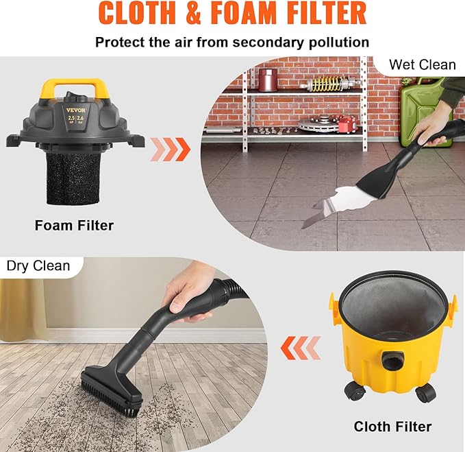 VEVOR 2.6 Gallon 2.5 Peak HP Wet and Dry Shop Vac， Portable Shop Vacuum and Blower 3-in-1 with Filter, Hose and Attachments f