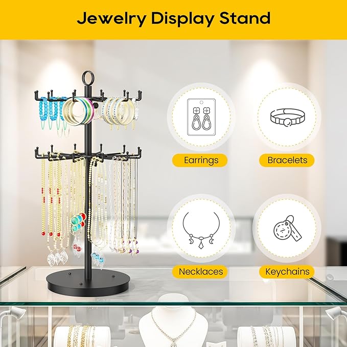 ORLESS 2 Tier Rotating Jewelry Display Stand, Keychain Display Stand with 24 Hooks, Black Metal Retail Display Spinning Holde