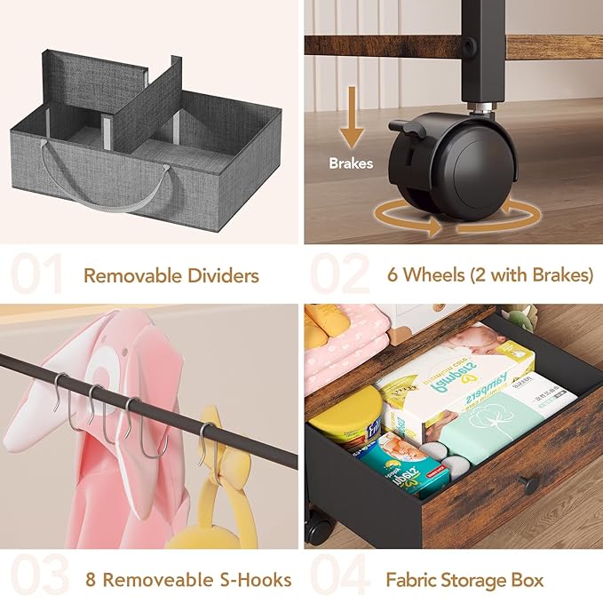 BBLIKE 3in1 Diaper Caddy Organizer - Diaper Caddy & Rolling Diaper Cart with Kids Clothing Rack for Nursery and Baby Essentia