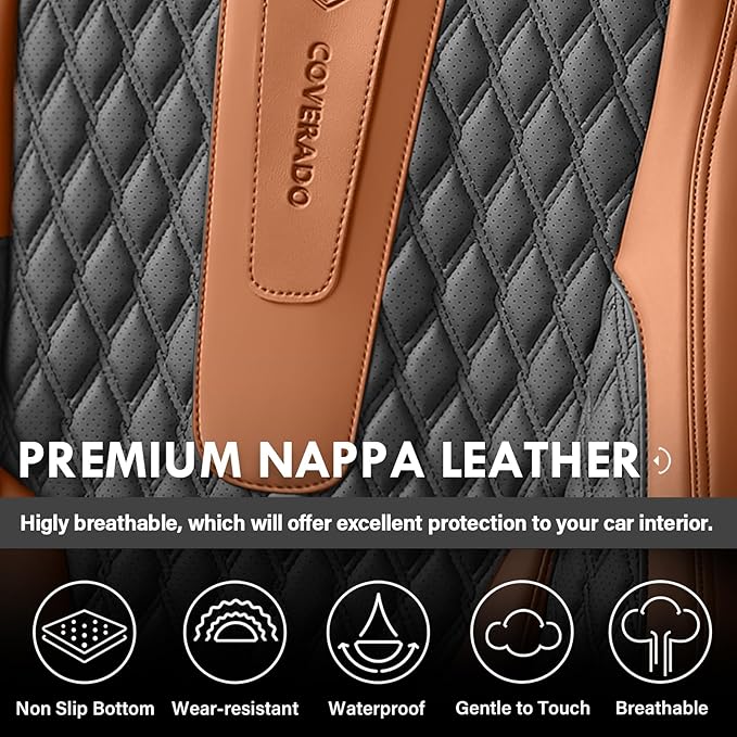 Coverado Front Seat Covers, Car Seat Covers Front Seats, Nappa Leather Seat Covers for Cars, Waterproof Seat Covers with Lumb