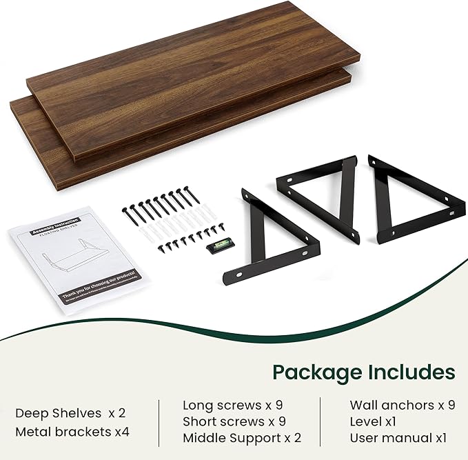 Floating Shelves, 12 Inch Deep Rustic Wood Wall Storage, 36W x 12D Wall Shelves Set of 2, Heavy Duty Metal Brackets, Large In