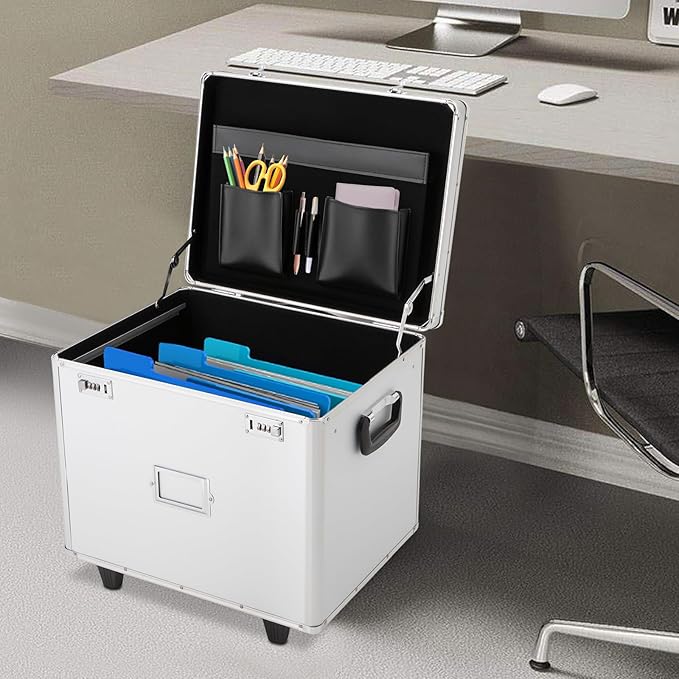 Locking File Box Aluminum Alloy Portable Storage Case with Telescopic Handle Mobile File Organizer with Combination Lock Roll