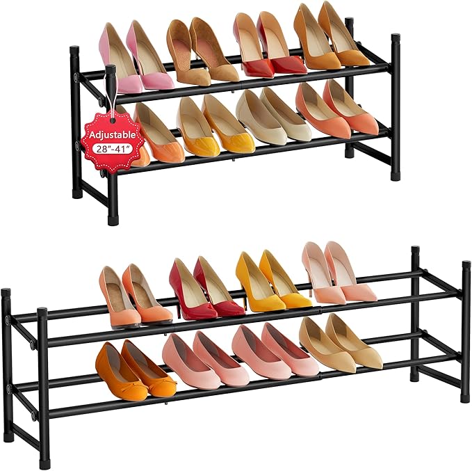 Tajsoon Expandable Shoe Rack for Closet 2 Tier, 28“-41“ Adjustable & Stackable Shoe Shelf Storage, Metal Shoe Rack Organizer 