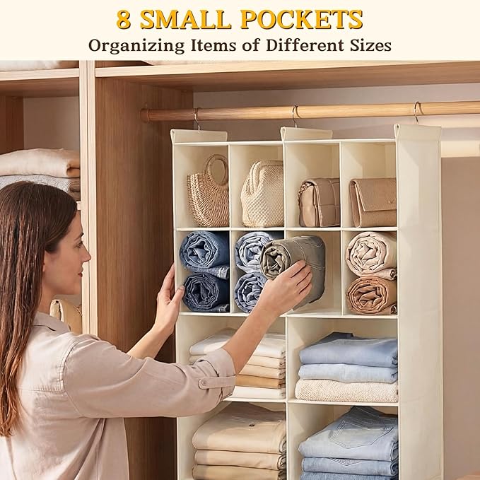 Ofiray-home 4 Tier Hanging Closet Organizer, 12 Compartments Sweater Organizer for Closet with 3 Sturdy Hooks, Closet Organiz