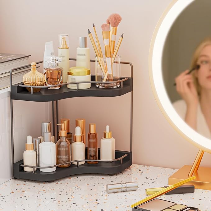 2-Tier Corner Bathroom Counter Organizer with Embedded Screw Holes, Secure & Stable Wood Vanity Shelf for Makeup and Skincare