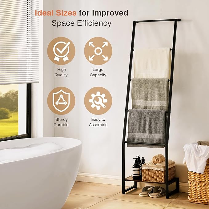 DGWJSU Blanket Ladder, 5 Tier Ladder Shelf,Wooden Blanket Ladders for Living Room and Bedroom, 5.2ft Blanket Holder Rack Farm