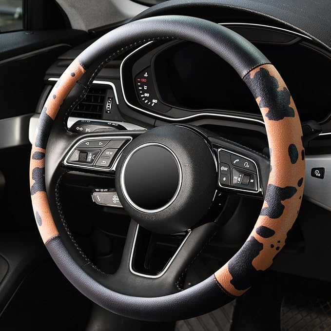 Cow Print Car Steering Wheel Covers, Breathable Microfiber Leather for Women and Men, Universal 15 inch Anti-Slip Steering Wh