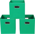 Green Foldable Storage Bins, 11x11x11, Set of 3, (Fabric Cube Organizer with Handle, for Cloth or Accessory Storage)