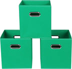 Green Foldable Storage Bins, 11x11x11, Set of 3, (Fabric Cube Organizer with Handle, for Cloth or Accessory Storage)
