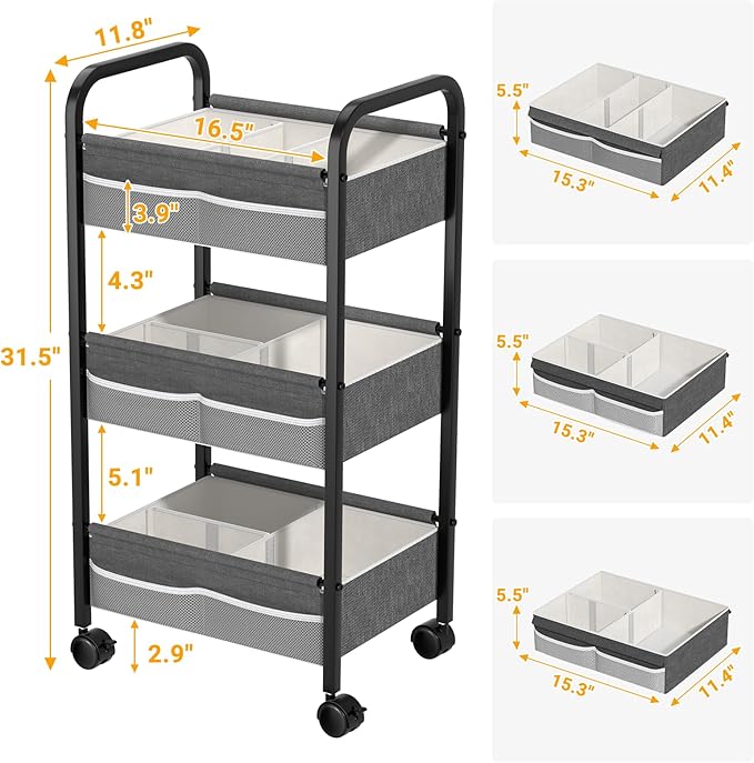 Baby Diaper Caddy Rolling Utility Cart, 3 Tier Baby Essentials Nursery Organizer and Storage with Dividers and Drawers for Cr