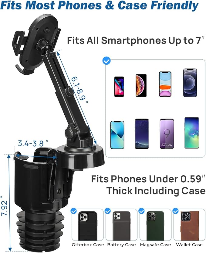 JOYTUTUS Cup Holder Phone Mount for Car, Car Cellphone Large Adapter Long Arm with 360 Degree Rotation, Compatible iPhone, Samsung & All Smartphones,Black,1 Pack