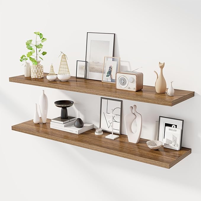 Dreamland 55" Floating Shelves for Wall, 12" Deep Slim Walnut Floating Shelves, Wall-Mounted Shelves for Bedroom, Living Room