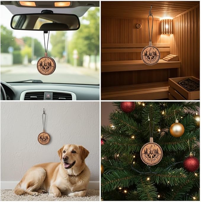 Wood Car Air Freshener — Compass Mountains — Handmade Unscented DIY Essential Oil Hanging Diffuser with Felt Insert — Add You