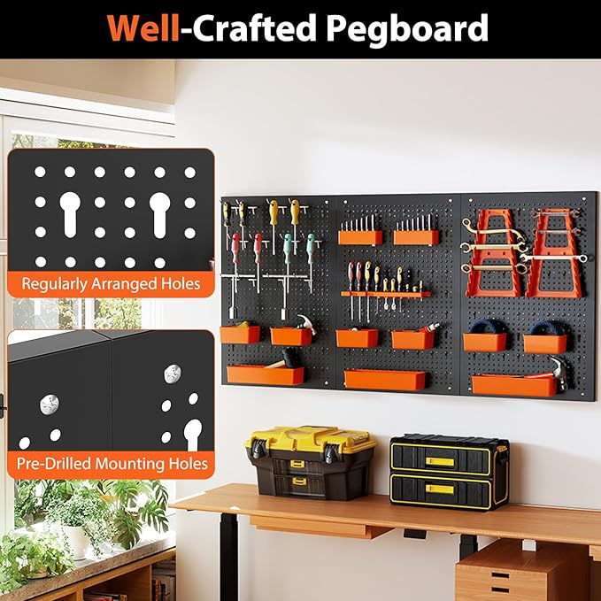 Goplus Pegboard Wall Organizer, 9-Bin Parts Rack Organizer w/Hammer Racks, Tool Holders & Hooks, Heavy-Duty Utility Tool Stor