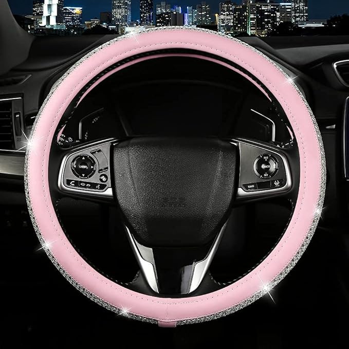 Bling Diamond Leather Steering Wheel Cover, Pink Steering Wheel Covers for Women Girls with Crystal Rhinestones, Universal Fit 14.5“-15" Car Steering Wheel Bling Cover Accessories