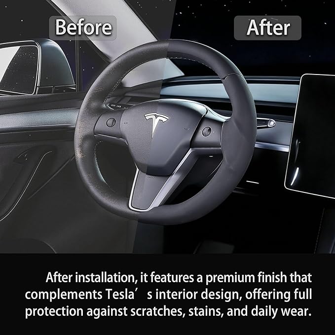 Nappa Leather Steering Wheel Cover for Tesla Model 3 2017-2023 & Model Y 2020-2024, Anti-Slip, Wear-Resistant, High Temperature Resistant (Flat Black)