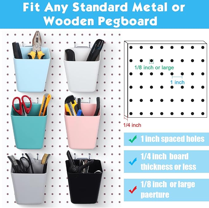 Namalu 12 Pack Peg Board Storage Bins with Labels and Hooks Square Box Shape Pegboard Cup Holder Accessories Pegboard Organiz