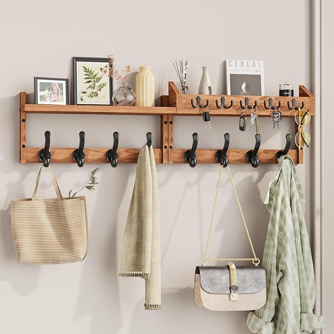 Evermagin 35" Coat Rack Wall Mount with Shelf, 4 in 1 Wall Mounted Coat and Key Hanger with 13 Hooks, Entryway Key Holder wit