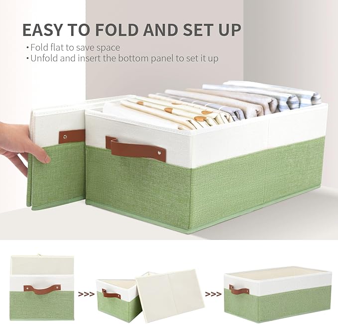 3 Pack Large Capacity Storage Bins Closet Organizer for Shelves, Fabric Closet Storage Baskets Boxes with Leather Handles for