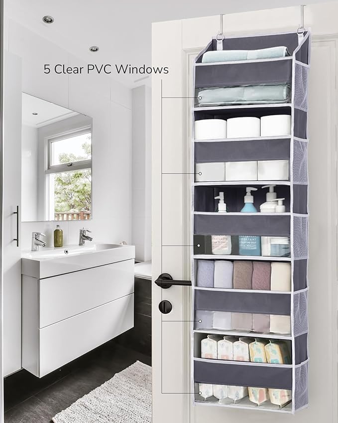 ULG 1 Pack Over Door Organizer with 5 Large and 10 Mesh Side Pockets, 44 lbs Weight Capacity Hanging Storage with Clear Windo