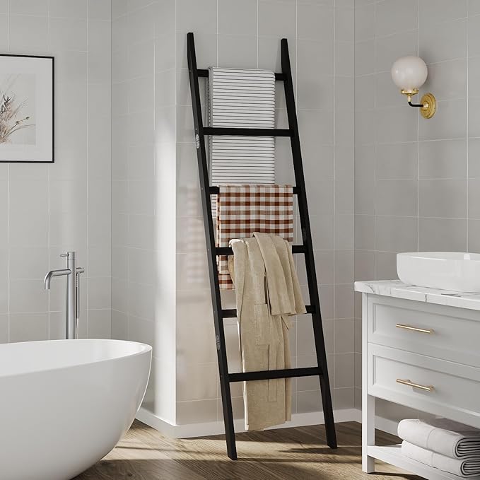 Bamboo Towel Rack 6-Tier Blanket Ladder for Living Room, Bedroom, Bathroom Space-Saving Decorative Ladder for Quilts, Towels 