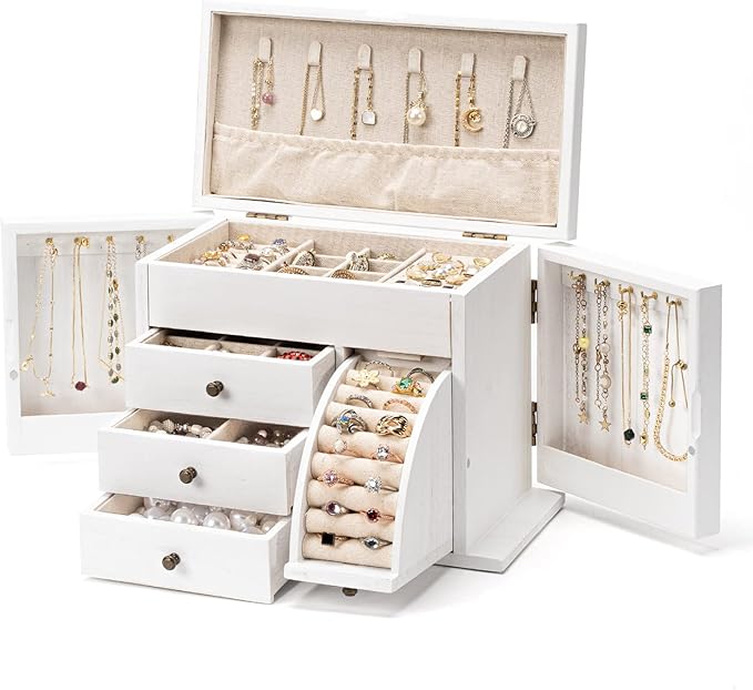 Poyilooo Jewelry Box Organizer, Solid Wood Jewelry Boxes for Women for Storage & Display Necklace Ring Earring Bracelet, Rust