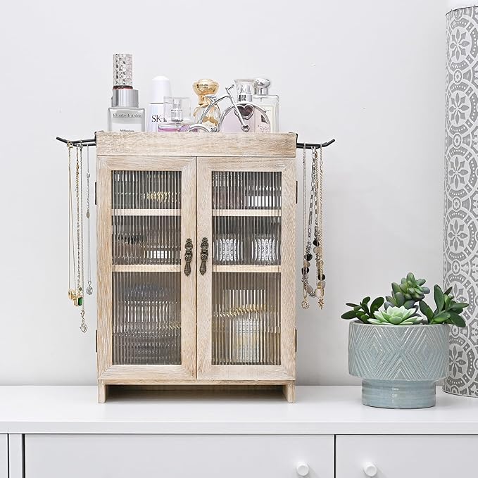 Ikee Design Wooden Countertop Storage Cabinet with Wavy Magnetic Door, Adjustable Shelves, Removable Hooks. Perfect for Perfu