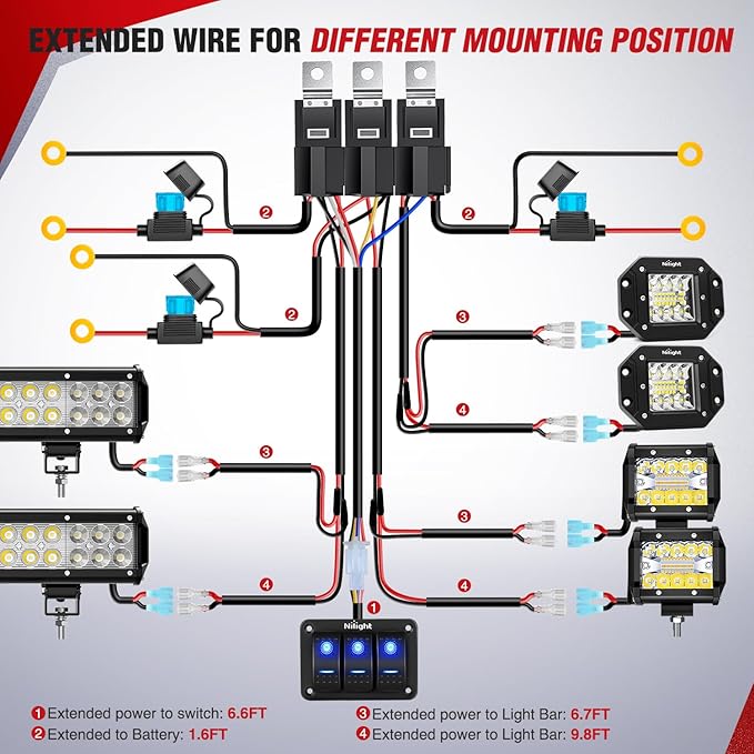 Nilight 16AWG LED Light Bar Wiring Harness Kit 12V On/Off 3 Gang LED Pod Lights Rocker Switch Panel Power Relay Fuse 5Pin Toggle for Cars Boat ATV Trucks-6 Leads