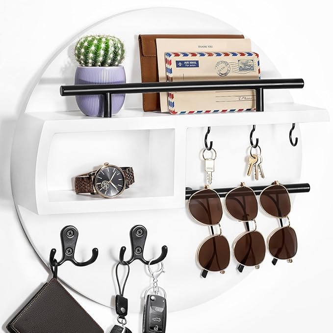 kuaima Key Holder Wall Mount, Round Wooden Key Rack with Shelf, Sunglasses Hanger, Storage Box, Multi Hooks, 12 Inch, White a